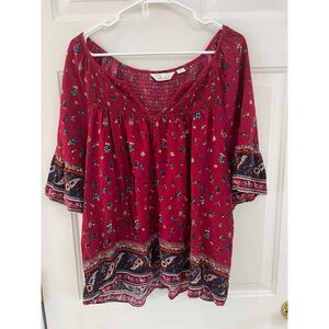 Red Floral Boho Peasant Blouse Top XL V Neck Contrast Trim Caffe Marrakesh